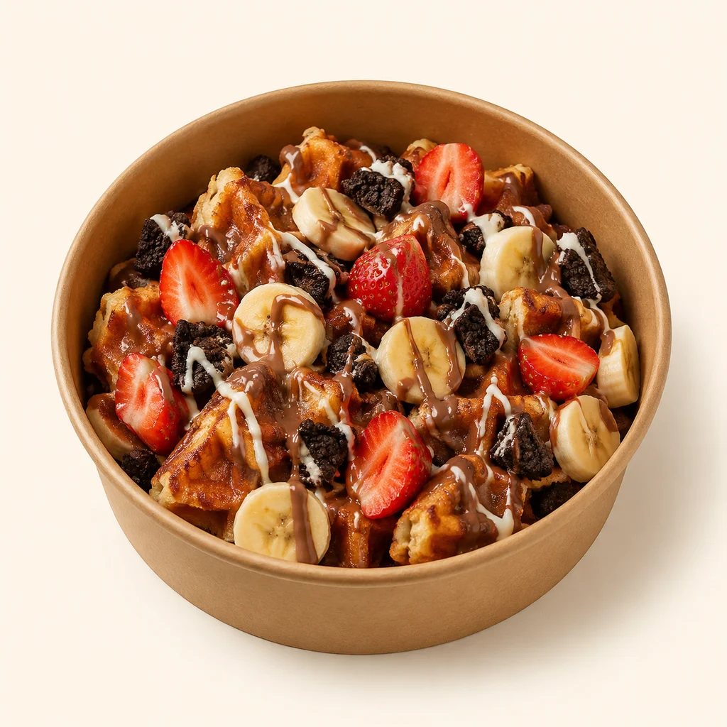 Çilek, muz ve çikolatalı waffle hazır